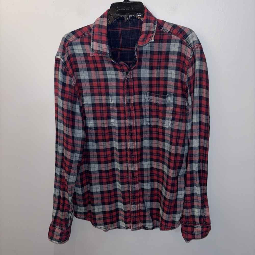 Faherty  Reversible Dyed Indigo Blue Red Windowpane Button Down Shirt‎ Men's L
